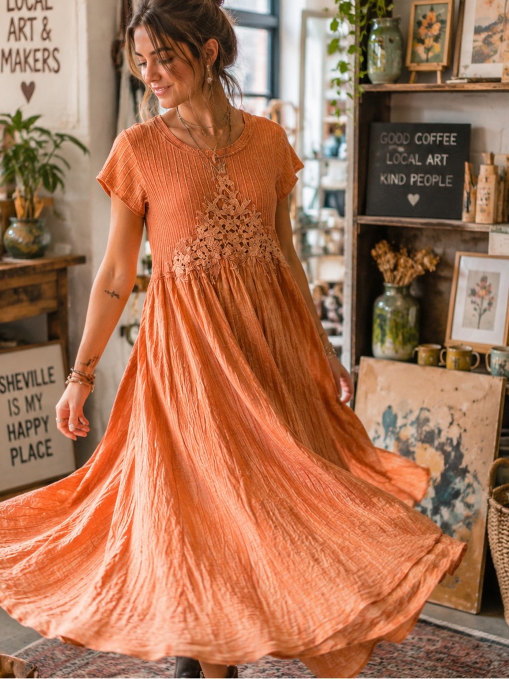 Oli & Hali Washed Cotton Crochet Meadow Boho Cottagecore Whimsy Dress Size L - Picture 8 of 9
